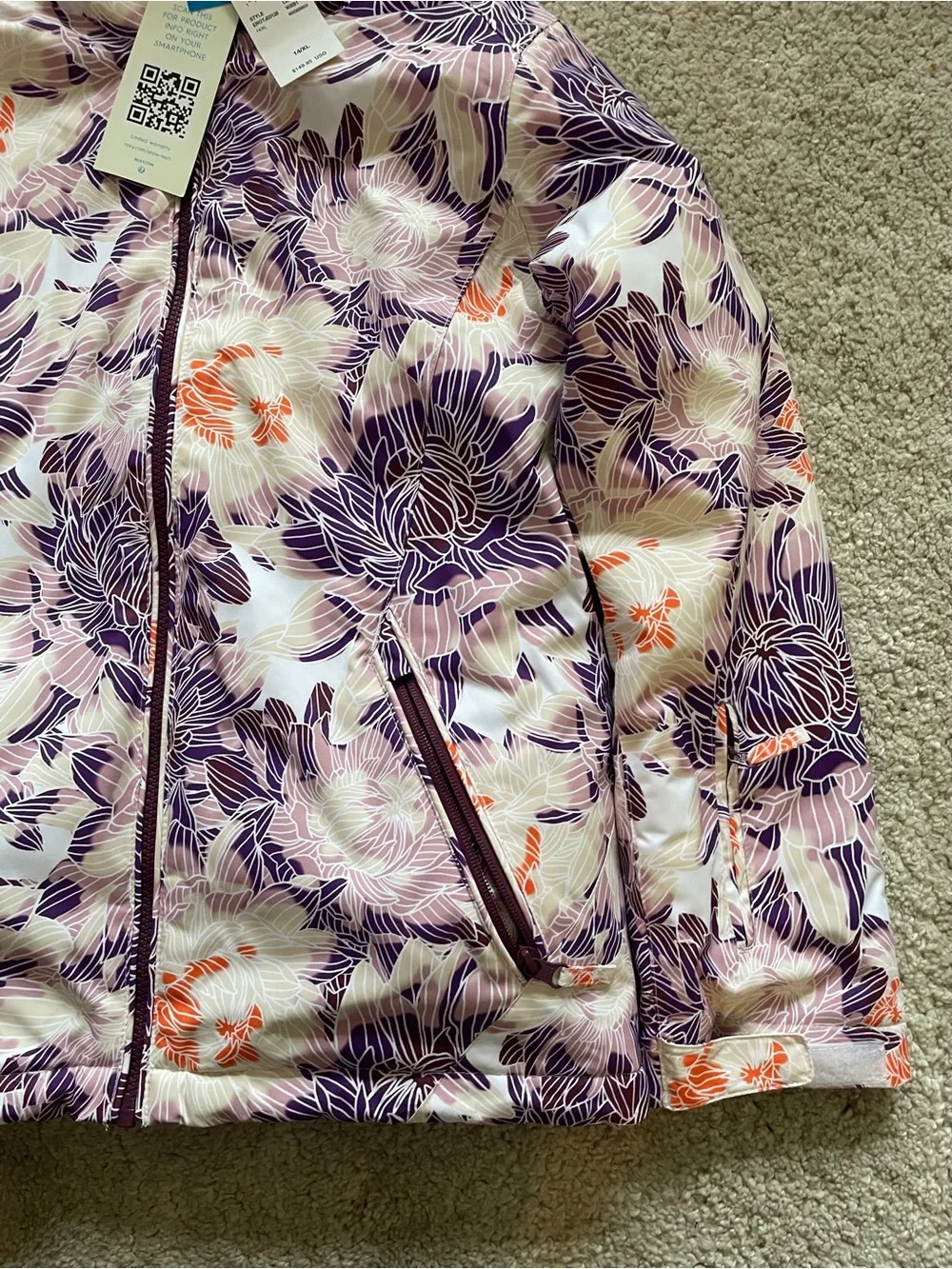 Roxy Floral Purple & Cream Ski Snow Jacket size 14 XL